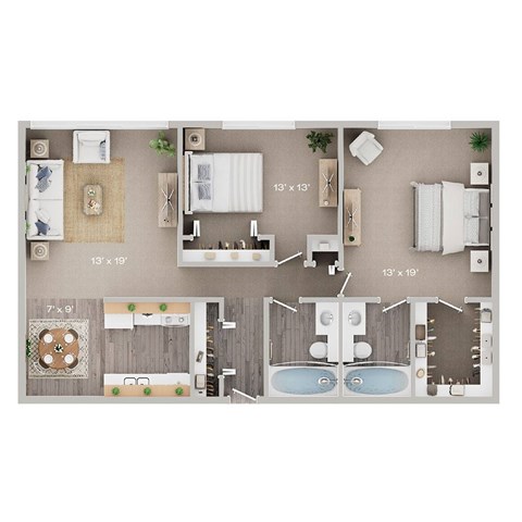 Floor plan for 2 beds, 2 baths, 1100 sqft